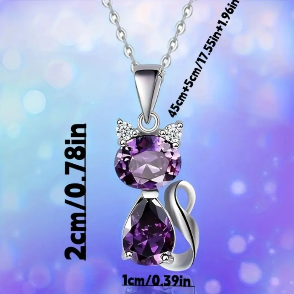 NEW Purple Cat Heart Necklace silver_3